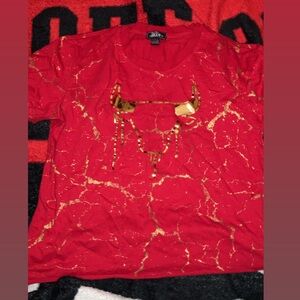 Red T-Shirt with Gold Bull Design
